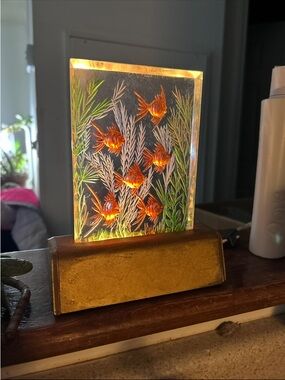 MCM electric Illuminated Orange Fish Acrylic Art Panel with Gold Base